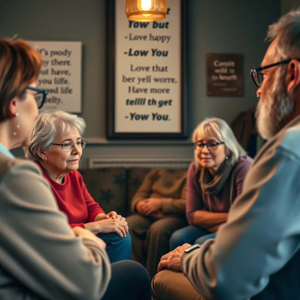 A close-up of a small group of church members engaged in a supportive meeting, with one person speaking and others listening attentively. They are seated in a circle, in a cozy room decorated with inspirational quotes, showing expressions of empathy and understanding.