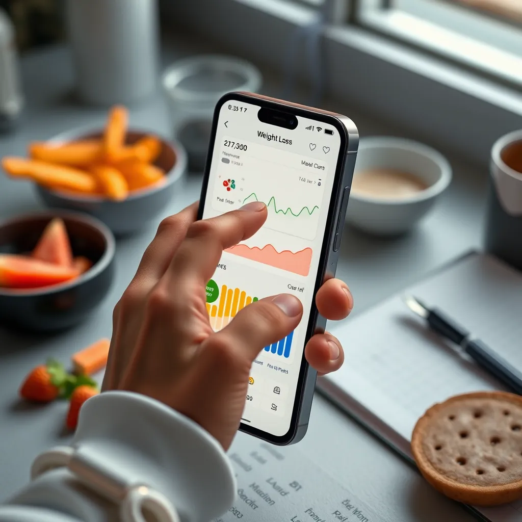 A close-up of a smartphone displaying a weight loss app interface, showing colorful graphs and meal plans, with a hand touching the screen. The background includes a desk with healthy snacks and a fitness journal.