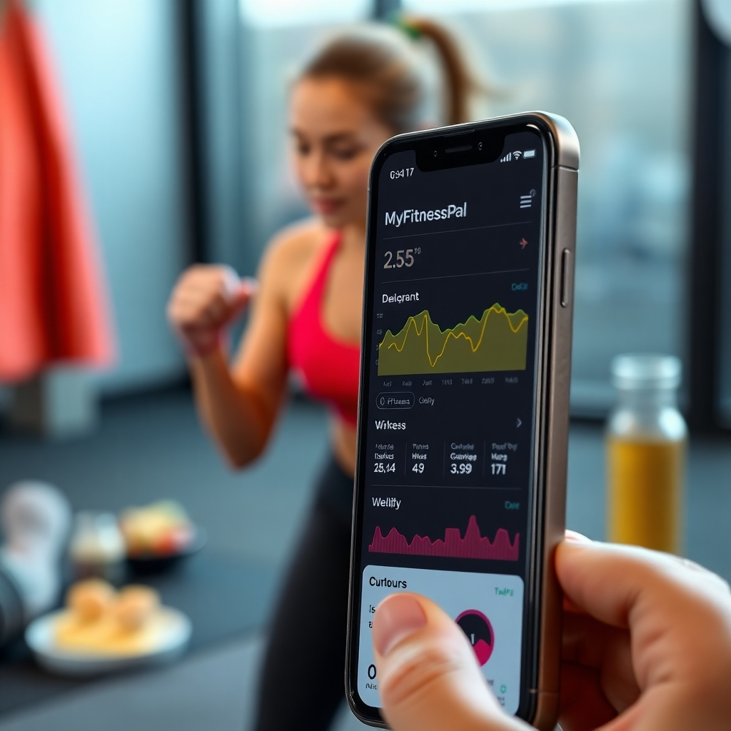 A close-up of a smartphone displaying the MyFitnessPal app with colorful graphs and statistics of workouts. In the background, a fitness enthusiast is seen exercising, showcasing an active lifestyle with fitness gear and healthy snacks.