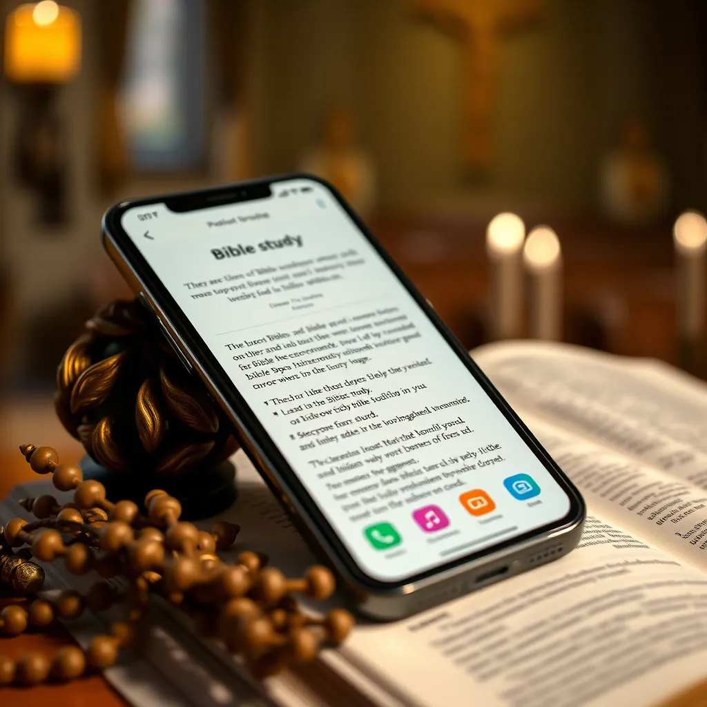 A close-up of a smartphone displaying a popular Bible study app interface. The screen shows a colorful and user-friendly layout with an open Bible verse and study prompts. Surround the phone with religious symbols like a cross and a Bible, set against a softly blurred background of a church or spiritual setting.