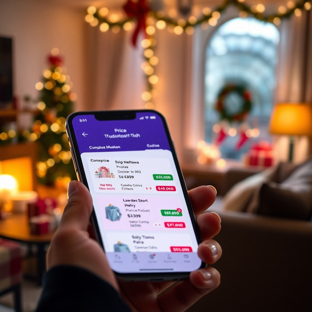 A close-up of a smartphone displaying a price comparison app interface, with colorful graphics showing different product prices and discount alerts. The background should feature a cozy, modern living space decorated for a holiday, indicating the spirit of gift-giving.