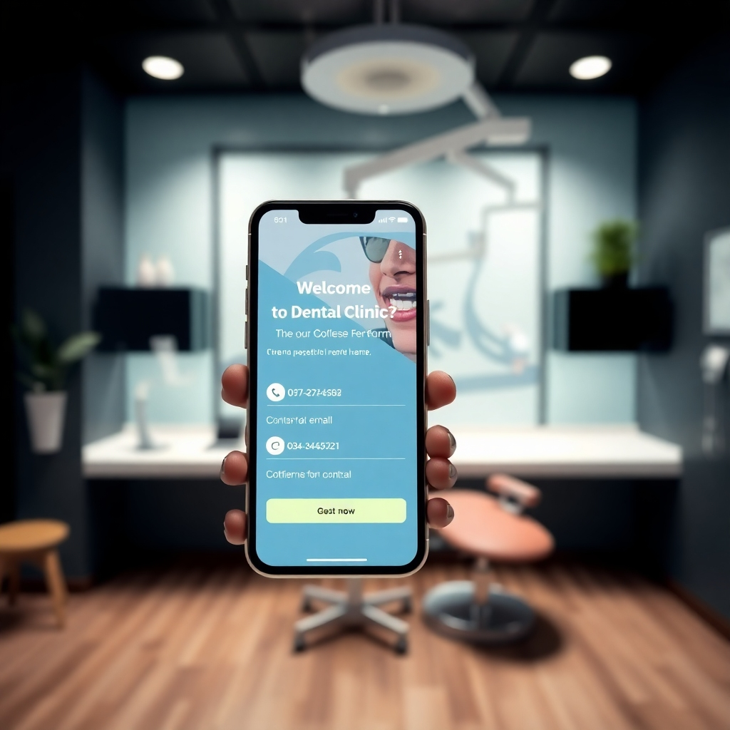 A close-up of a smartphone screen showing a dental clinic's website. The screen should display contact options like phone number, email, and an online booking form. In the background, there should be a professional dental office setting to convey accessibility and efficiency.