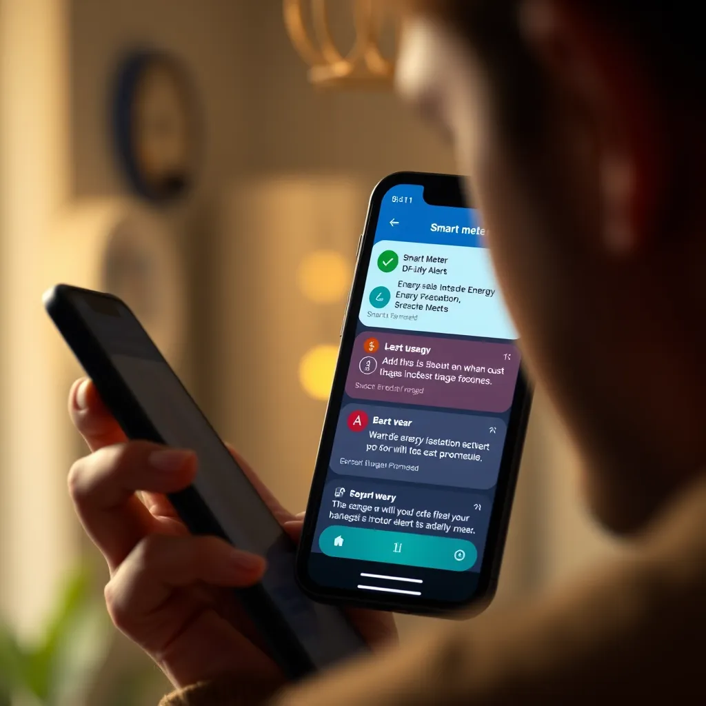A close-up of a smartphone screen showing energy usage alerts and notifications from a smart meter app. The background is softly blurred with a person in the foreground looking concerned while reviewing the alerts, reflecting a sense of urgency.