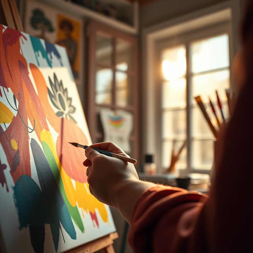 A close-up of an artist's hands painting on a canvas, surrounded by vibrant colors and art supplies. In the background, a window reflects sunlight, symbolizing inspiration and creativity, evoking a sense of calm and personal expression.