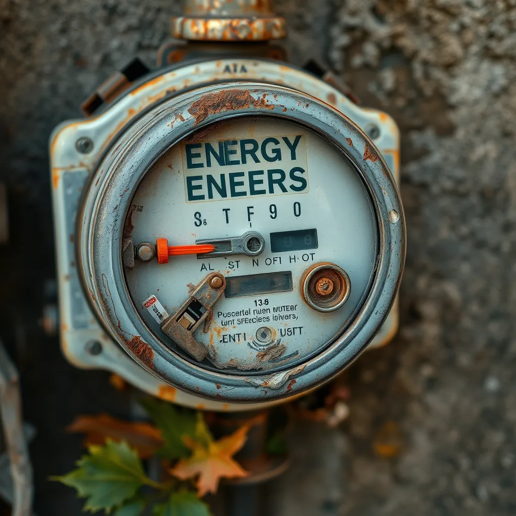 A close-up of an energy meter with clear signs of physical damage, such as rust and broken parts. The setting is an outdoor utility area, emphasizing the neglected condition of the meter, with leaves and debris around.