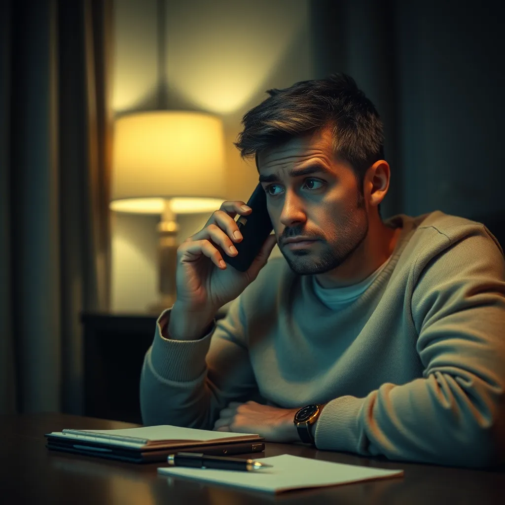 A close-up of an individual speaking on the phone with a concerned expression, sitting in a cozy, dimly-lit room that feels safe and private. A notepad and pen are on the table, indicating a serious conversation.