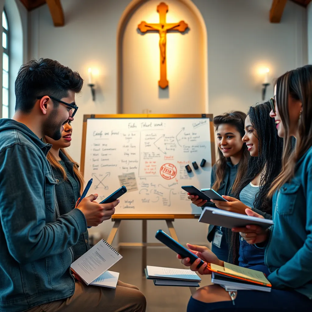 A close-up of enthusiastic teenagers planning a community event, with a whiteboard filled with ideas, notebooks, and smartphones in hand, showcasing a diverse group engaged in dynamic discussions, with a backdrop of church elements like a cross and candles.