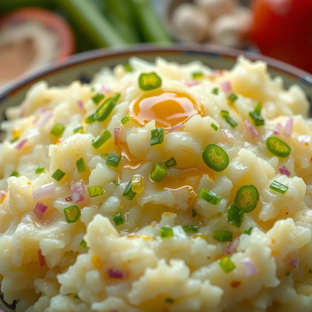 A close-up of mashed potatoes mixed with finely chopped onions, green chilies, and a drizzle of mustard oil, served in a traditional Bangladeshi bowl, with raw ingredients visible in the background.