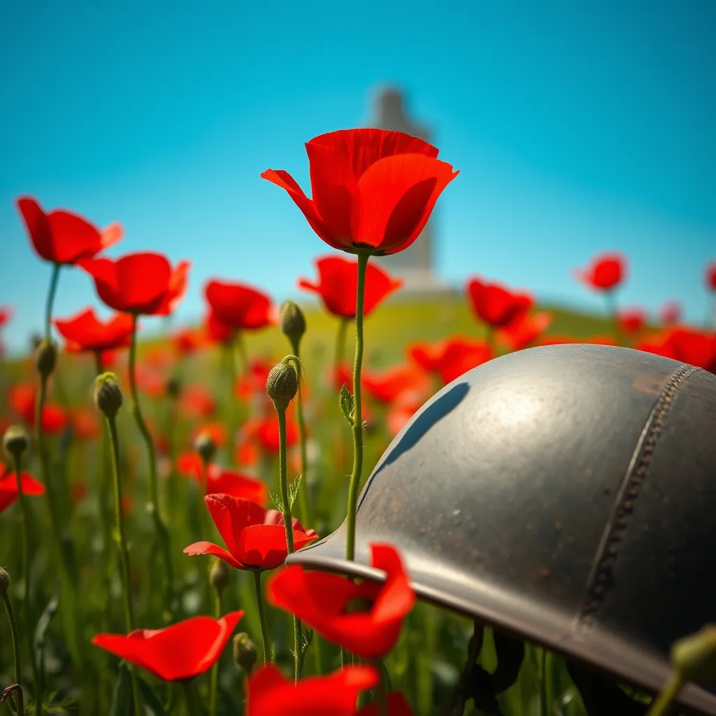 A close-up of vibrant red poppies growing in a field, with a clear blue sky in the background. Include a soldier's helmet in the foreground, symbolizing remembrance, alongside a softly blurred image of a war memorial in the distance for depth.