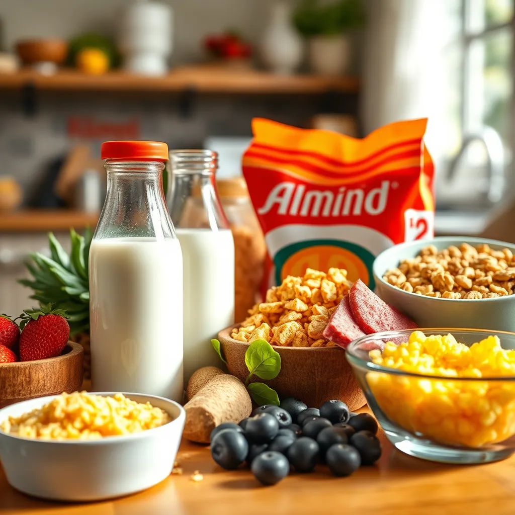 A close-up shot of a colorful assortment of vegan foods rich in B12, such as fortified almond milk, nutritional yeast, and breakfast cereals, arranged aesthetically on a wooden kitchen table with natural light enhancing the vibrant colors.