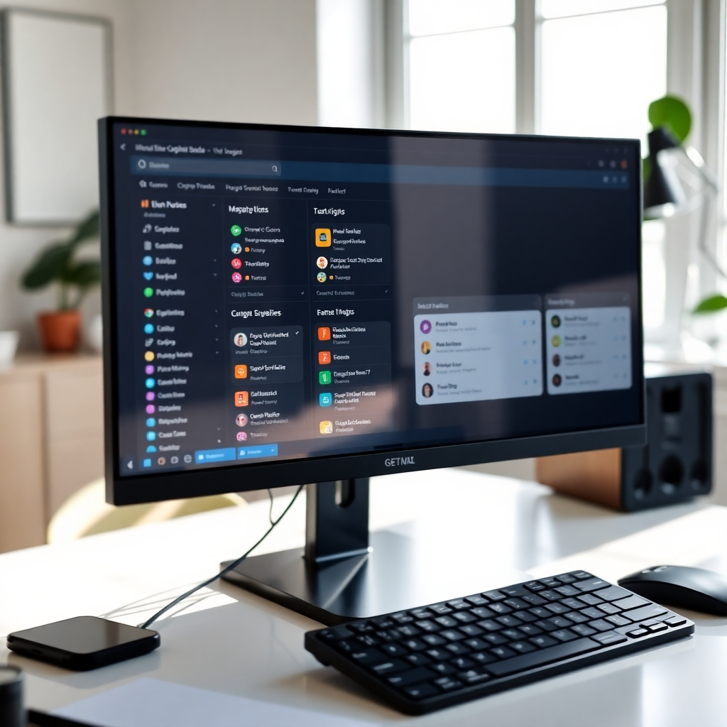 A close-up shot of a computer screen displaying the Microsoft Copilot Studio interface in action. The screen is filled with color-coded tasks being managed by the AI, set against a backdrop of a modern, minimalistic office desk. Natural light streams in, creating an inviting workspace that evokes productivity, and reflections on the screen add depth, emphasizing the integration of AI in daily routines.