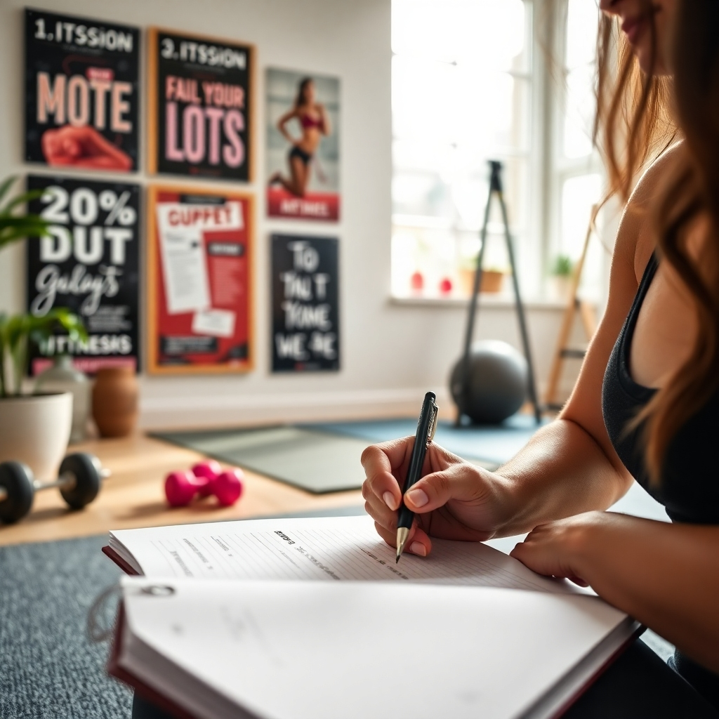 A close-up shot of a fitness enthusiast writing down goals in a notebook, surrounded by motivational fitness posters and a vision board. The setting is in a bright, airy home gym with equipment like dumbbells and a yoga mat in the background.