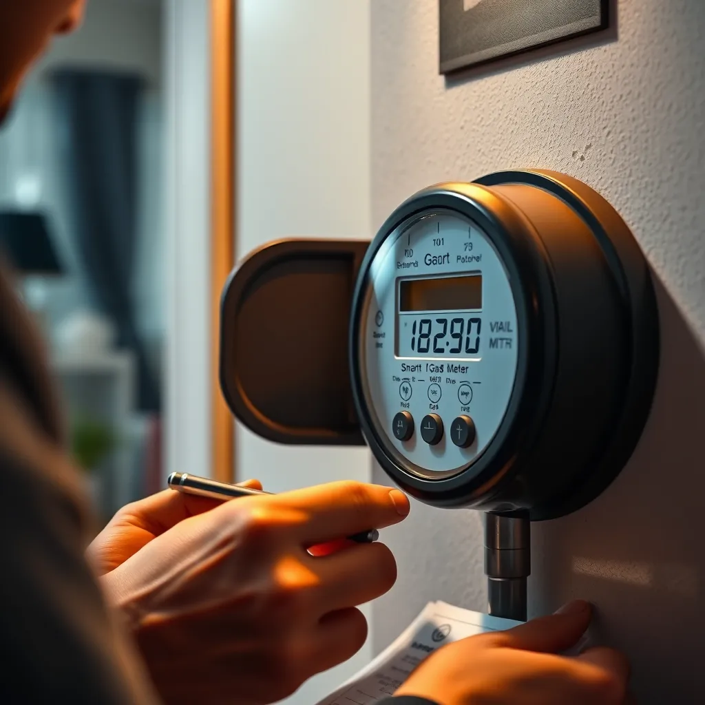 A close-up shot of a person carefully examining a smart gas meter, highlighting the digit display. The scene is well-lit, showing the person's concentration, hands holding a pen and paper, and a cozy home environment in the background.