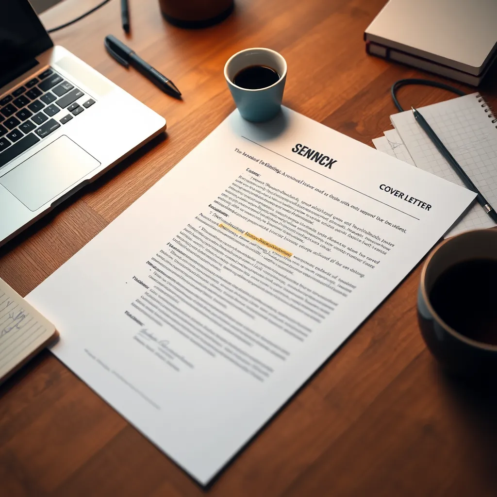 A close-up shot of a personalized CV and cover letter on a wooden desk, surrounded by a laptop, a notepad with handwritten notes, and a cup of coffee. The documents should feature bold headings and keywords highlighted, representing individuality and attention to detail.