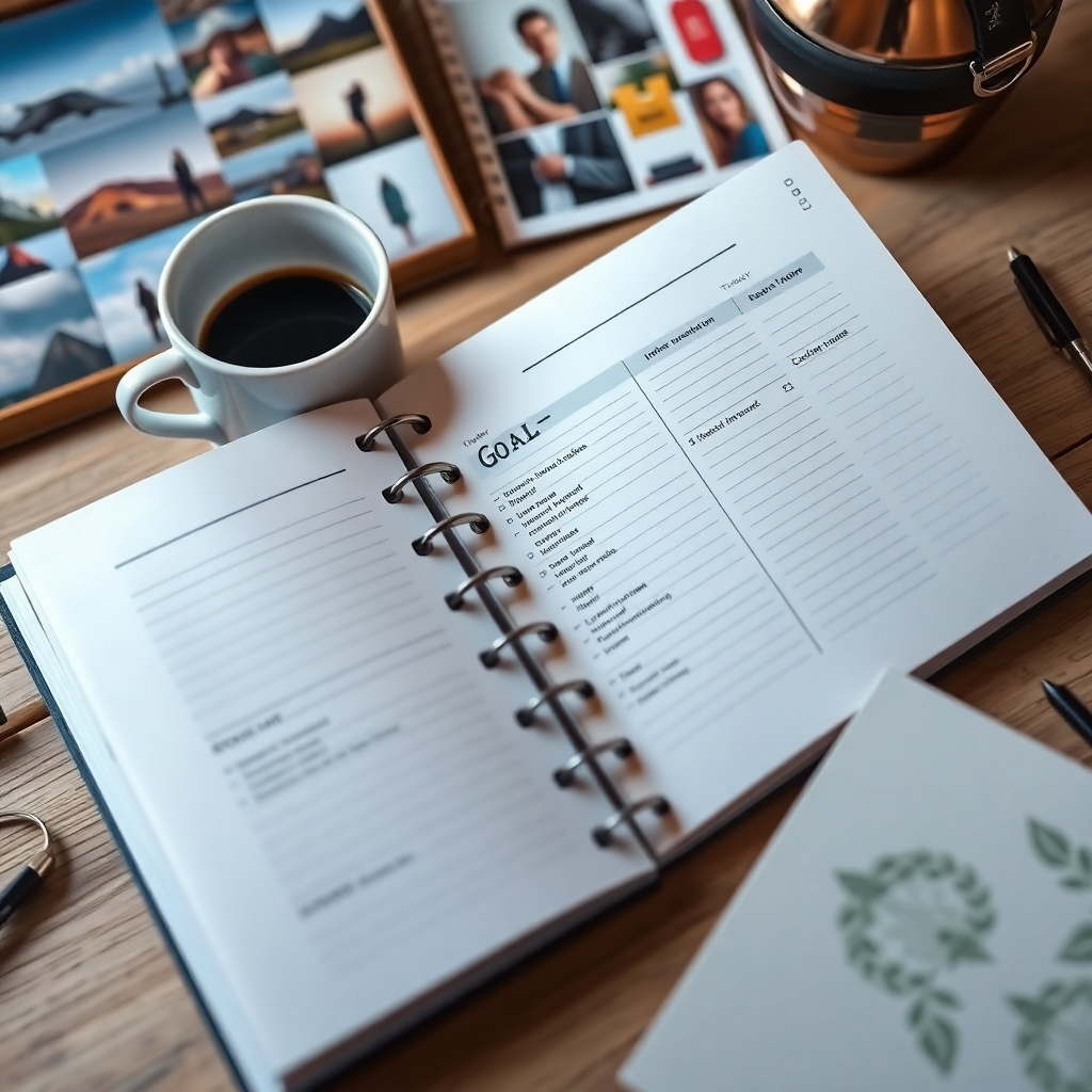 A close-up shot of a planner open to a page filled with goals and action steps, with a creative checklist and timeline. Surround the planner with motivational items like a coffee cup and a vision board showcasing inspiring images.