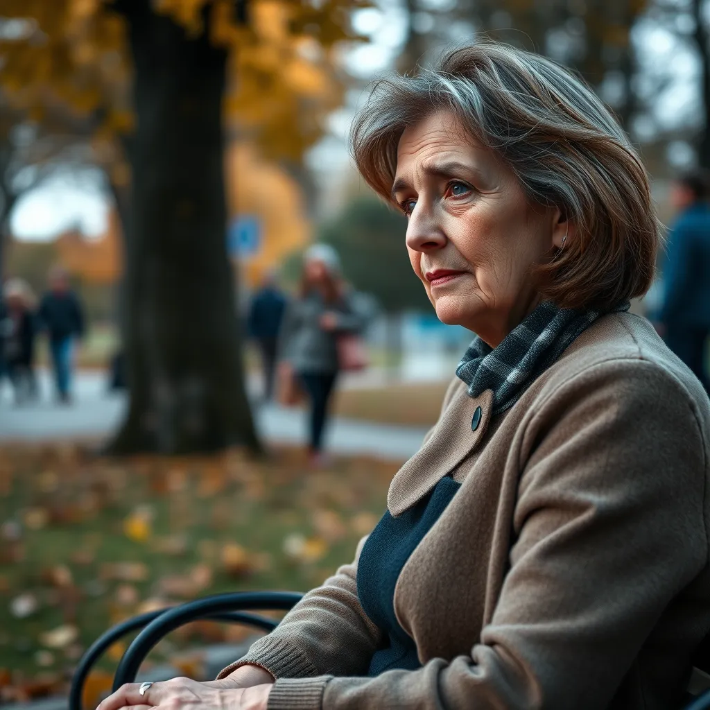 A close-up shot of a thoughtful middle-aged woman sitting on a park bench, looking contemplative. The background shows blurred figures of others strolling in the park, symbolizing the diversity of grief experiences, with gentle autumn leaves falling around her.