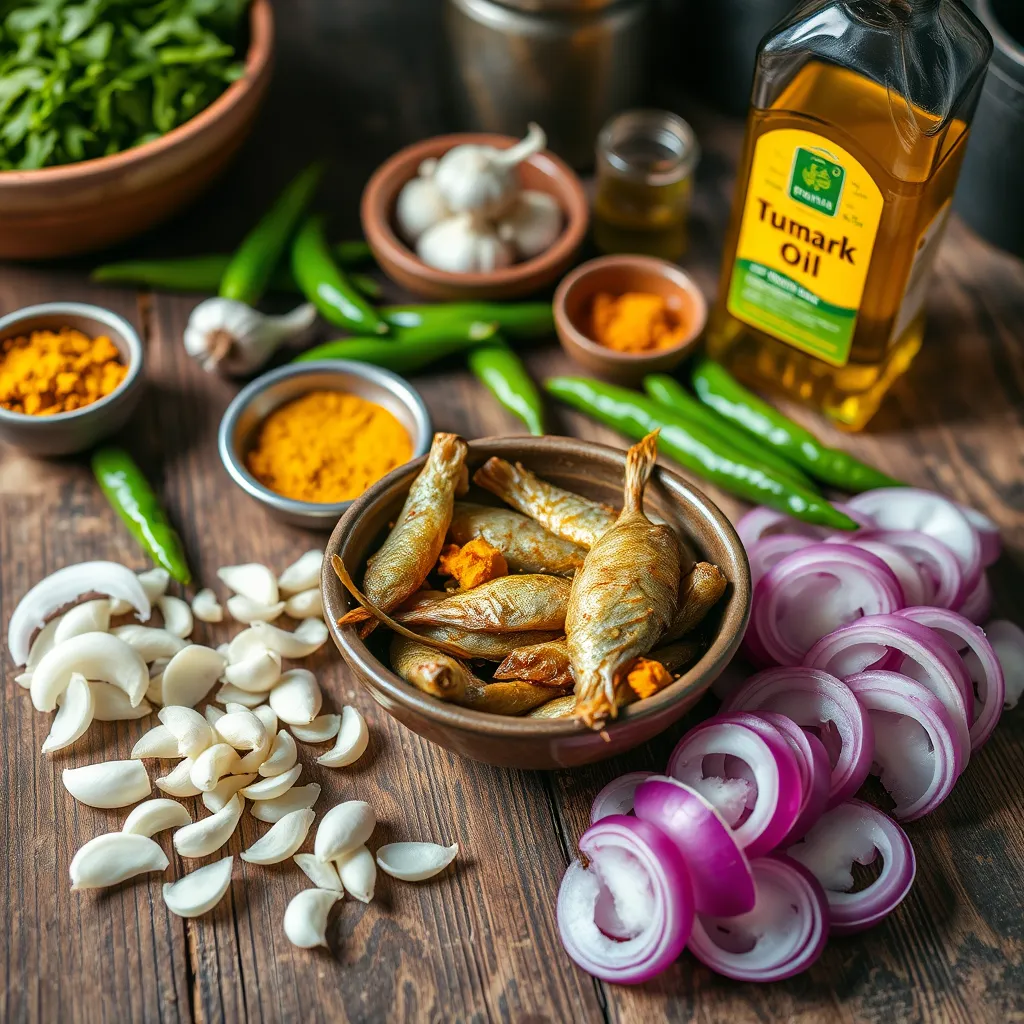 A close-up shot of all the ingredients for Shutki Bhuna laid out on a wooden table. The dried fish should be in a small bowl, surrounded by sliced onions, garlic cloves, green chilies, a small bowl of turmeric, and a bottle of mustard oil. The items should be neatly arranged in a rustic kitchen setting.