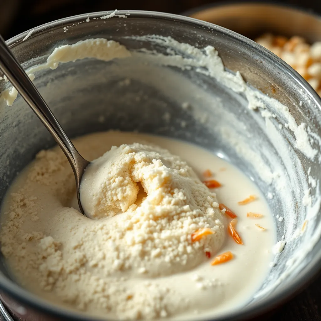 A close-up shot of preparing Pati Shapta batter, showing a bowl being stirred with rice flour, semolina, and milk. Nearby, a pan holds the warm and blended filling made of coconut, jaggery, and khoya.