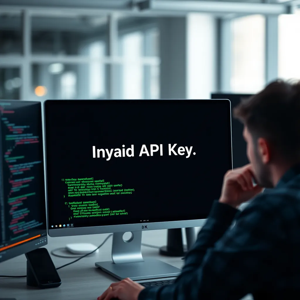 A close-up view of a computer screen displaying an error message indicating 'Invalid API Key.' Surround the screen with visual elements like code snippets and a concerned user thinking, in a modern office setting.