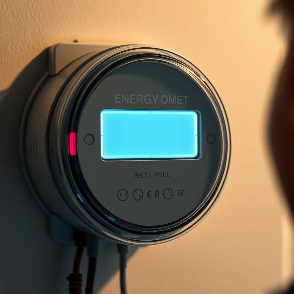 A close-up view of a digital energy meter with a blank, unresponsive display. The meter is mounted on a wall, with soft ambient lighting and visible wires connected to it. A person is seen inspecting the meter, looking puzzled.