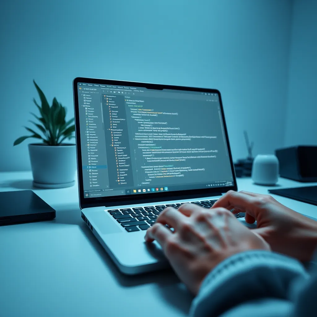 A close-up view of a digital workspace focused on API key management, featuring a sleek laptop open to a code editor displaying API key configurations. The scene is illuminated by soft diffused lighting, creating a calm and professional atmosphere. The color palette includes shades of blue and grey for a techy feel. The camera angle is slightly above and angled down to capture both the laptop screen and a pair of hands typing on the keyboard. The textures on the laptop are sleek and modern, showcasing a high-resolution screen. To add depth, include a potted plant in the background and a minimalist desk setup. This composition should reference the style of tech photography typical in startup environments. Aiming for 8K resolution, hyperrealistic detail showcasing reflections and minute elements within the workspace.