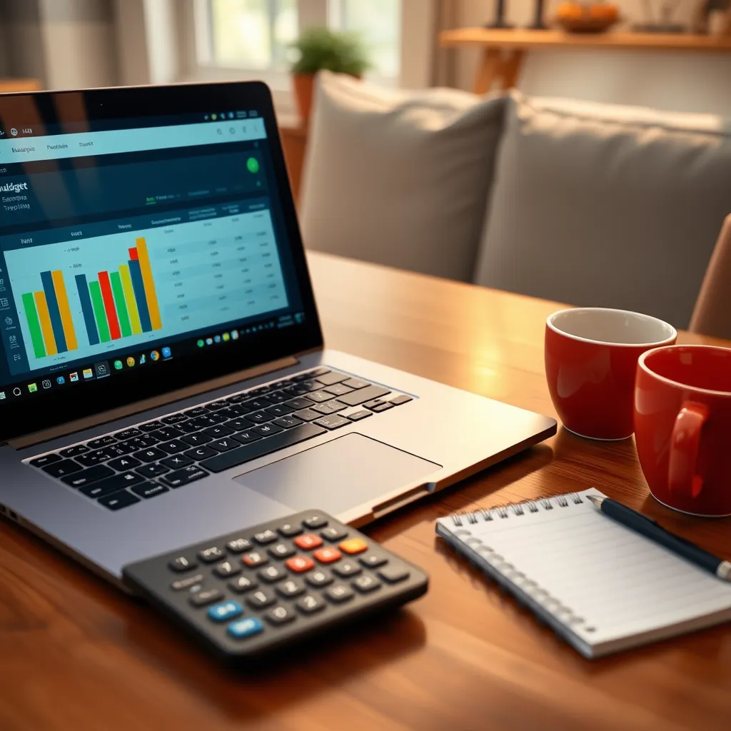 A close-up view of a laptop screen displaying a colorful budget tracking app. There should be a calculator, notepad, and coffee cup beside the laptop on a wooden table, symbolizing a productive financial planning session in a cozy home environment.