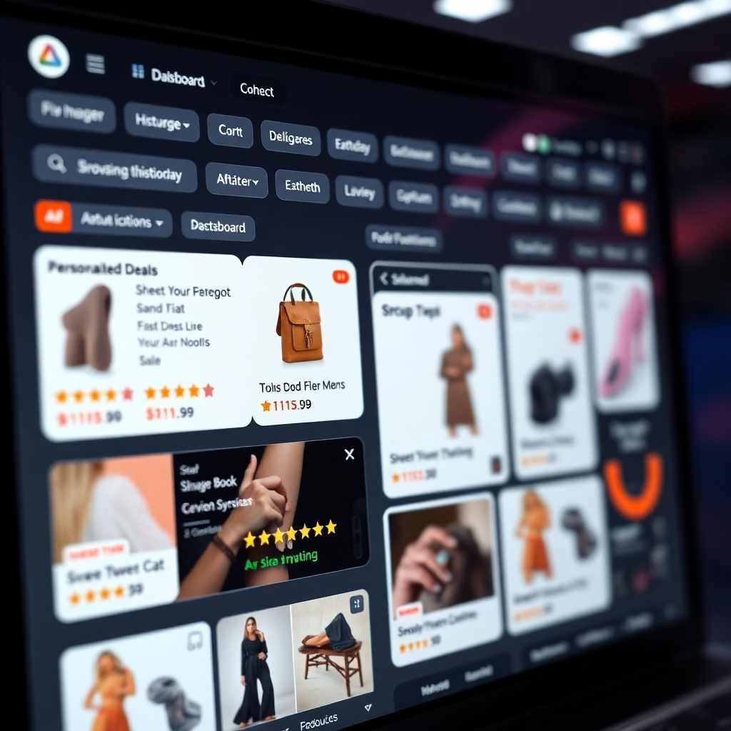 A close-up view of a user dashboard filled with personalized deal notifications, showcasing tailored items based on browsing history. Include featured product images, star ratings, and price tags, all set against a sleek, user-friendly interface backdrop.
