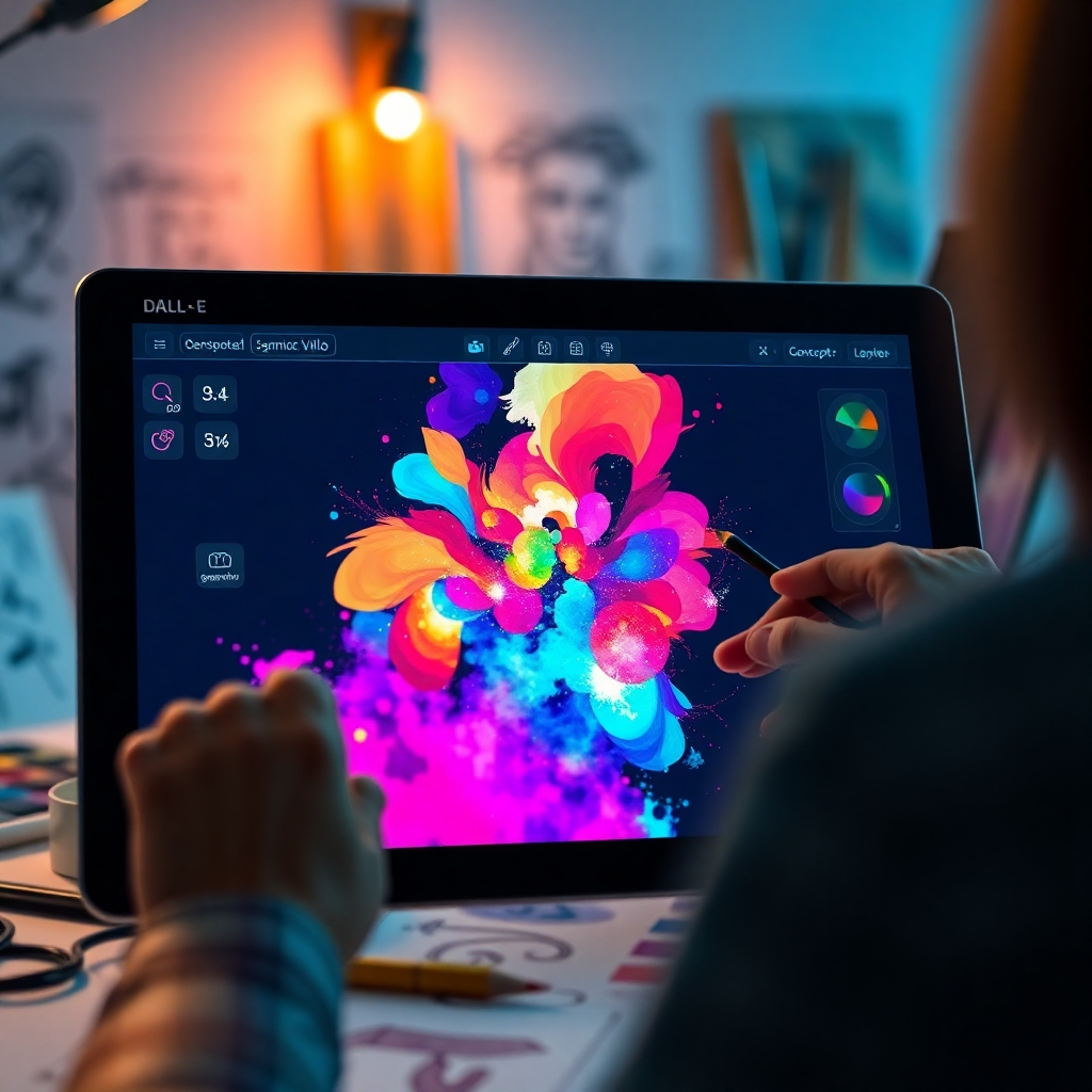 A close-up visual of the DALL-E interface on a tablet, displaying a vibrant and dynamic generation process of an artistic concept. The background shows an artist surrounded by sketches and color palettes, illuminated by soft, creative lighting that inspires an atmosphere of artistic exploration. The focus is on the screen, with the generated image in vibrant colors, ensuring a photorealistic feel that captures the awe of instant creativity.