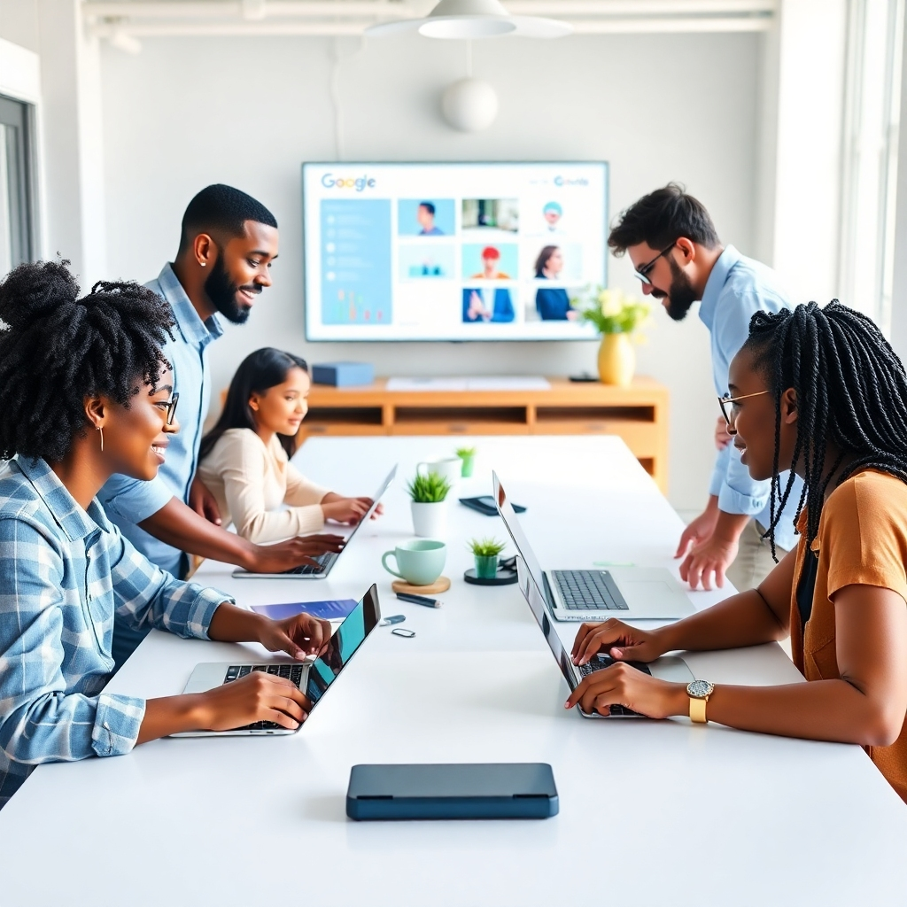An innovative image showcasing the new AI-powered tools in Google Workspace. The scene includes professionals interacting with updated software on various devices in an aesthetically pleasing workspace. Soft, adaptive lighting creates a modern ambiance, while the color palette incorporates Google's brand colors. The camera angle is over-the-shoulder, showing collaboration in action. Textures involve smooth tech surfaces and interactive displays. Style references may include a sophisticated corporate atmosphere.