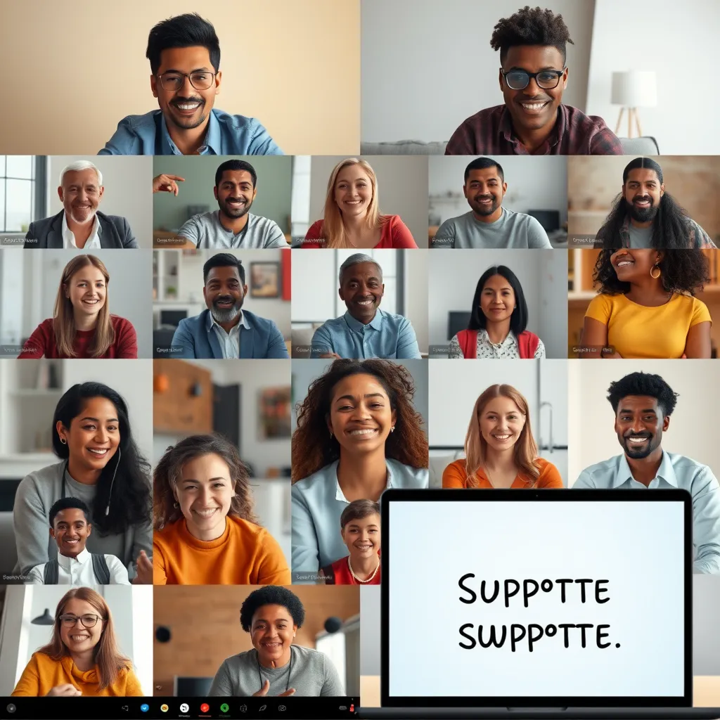A collage of diverse individuals participating in an online support group via video chat. Various backgrounds are visible, showcasing inclusivity, with people engaging positively, sharing their experiences, and a laptop screen showing supportive messages.