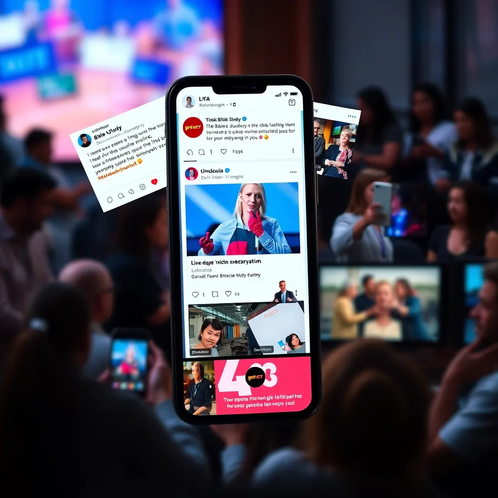 A collage of social media apps on a smartphone, featuring vibrant snippets of Bible study discussions, group posts, and livestreams. The background shows a diverse group of people engaged in conversations, emphasizing community and connection through screens.