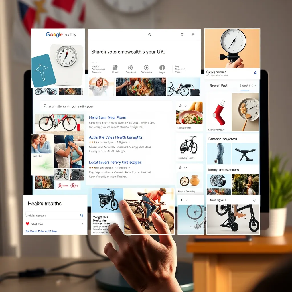 A collage of various health-related search items, including scales, meal plans, and exercise equipment, displayed on a computer screen with a person contemplating in the background, reflecting the growing interest in weight loss in the UK.