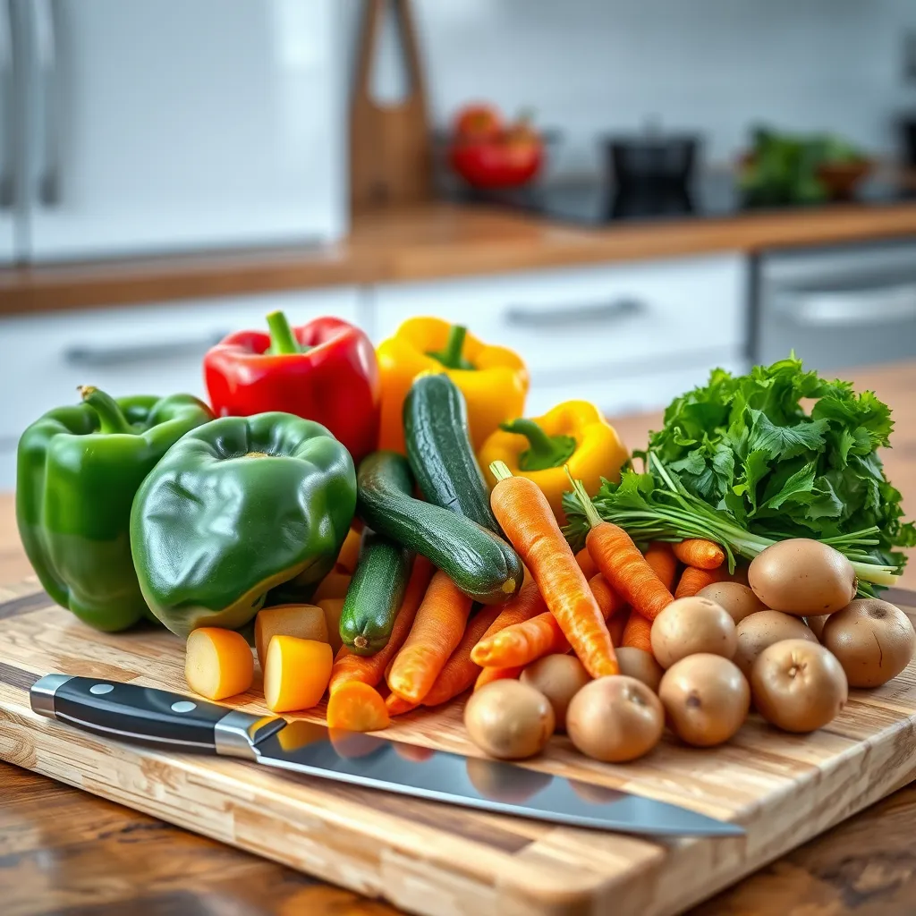 A colorful array of raw vegetables including bell peppers, zucchini, carrots, and baby potatoes arranged on a cutting board. A chef's knife beside them and a background of a clean, modern kitchen setting.