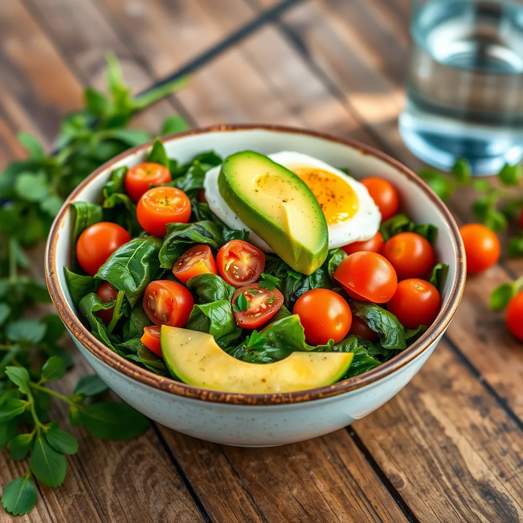 A colorful breakfast bowl featuring a mix of sautéed spinach and cherry tomatoes, topped with a perfectly poached egg and sliced avocado. The bowl is placed on a rustic wooden table, surrounded by fresh herbs and a glass of water for a refreshing feel.