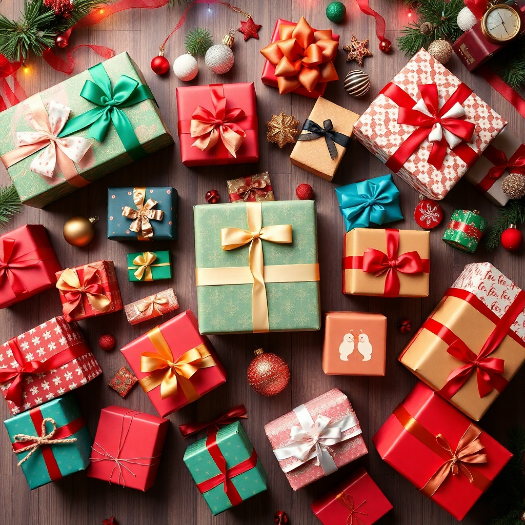 A colorful flat lay image featuring a variety of Christmas gifts arranged by price. Include items like handmade crafts, luxury gifts, budget-friendly gadgets, and thoughtful personalized gifts, with festive wrapping paper and holiday decorations in the background.