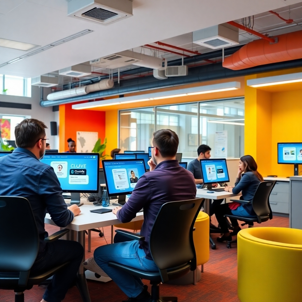 A colorful office space bustling with activity where teams collaborate using Google Workspace, with interfaces showcasing Claude assisting in real-time. The atmosphere is filled with excitement and focus, with emphasis on screens displaying interactive features. Bright colors and casual seating arrangements create a relaxed but productive vibe, reflecting the future of teamwork enabled by AI technology.
