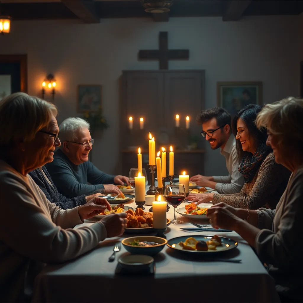 A comforting scene of church members gathered around a table, sharing a meal and laughter. The atmosphere is intimate, with candles flickering and a cozy setup that amplifies feelings of fellowship, warmth, and support among the members.