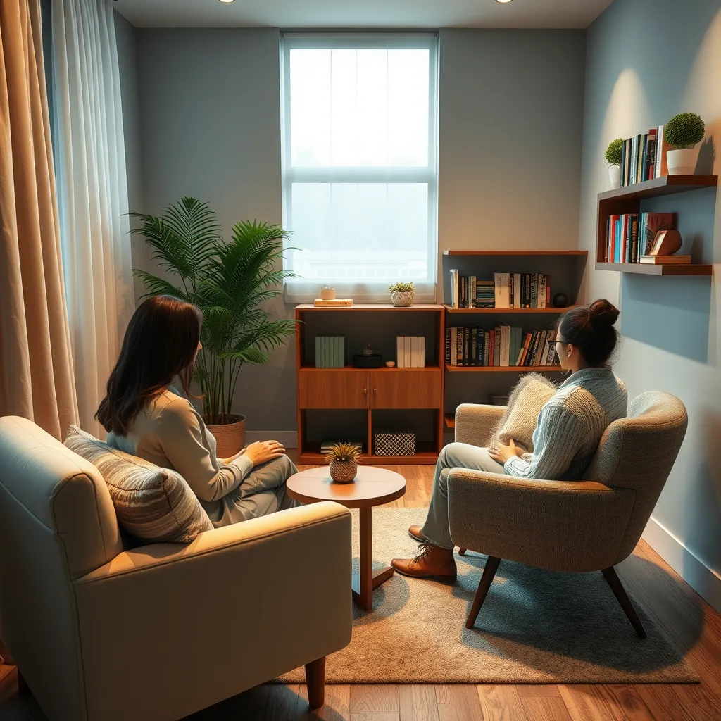 A comforting therapy room with soft lighting, showcasing a counselor sitting with a client. There are plush chairs, a soothing plant in the corner, and a shelf with self-help books, creating a serene environment for healing.