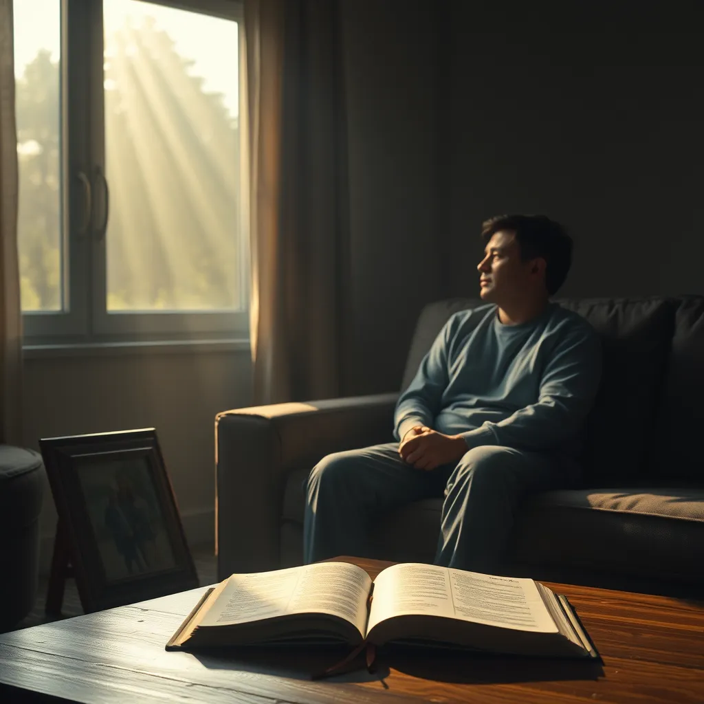 A comforting visual of a dimly lit room with a person sitting alone on a sofa, looking out the window with a thoughtful expression, while soft rays of light illuminate a framed photo of a small group of friends or family, and an open Bible on a coffee table.
