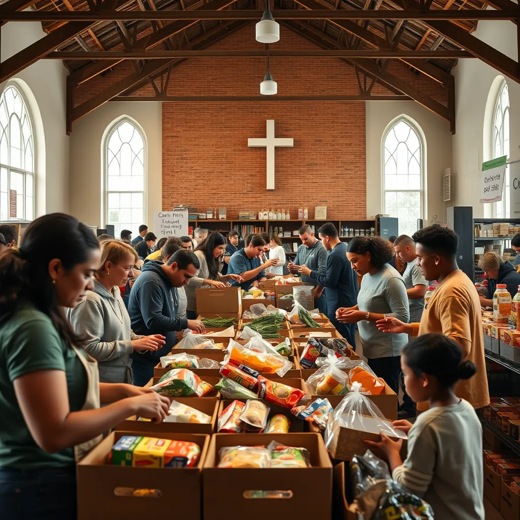 A community food bank hosted by a church, with volunteers sorting and distributing food. The setting should show engaged individuals and families, with signs promoting the event and shelves filled with food items.