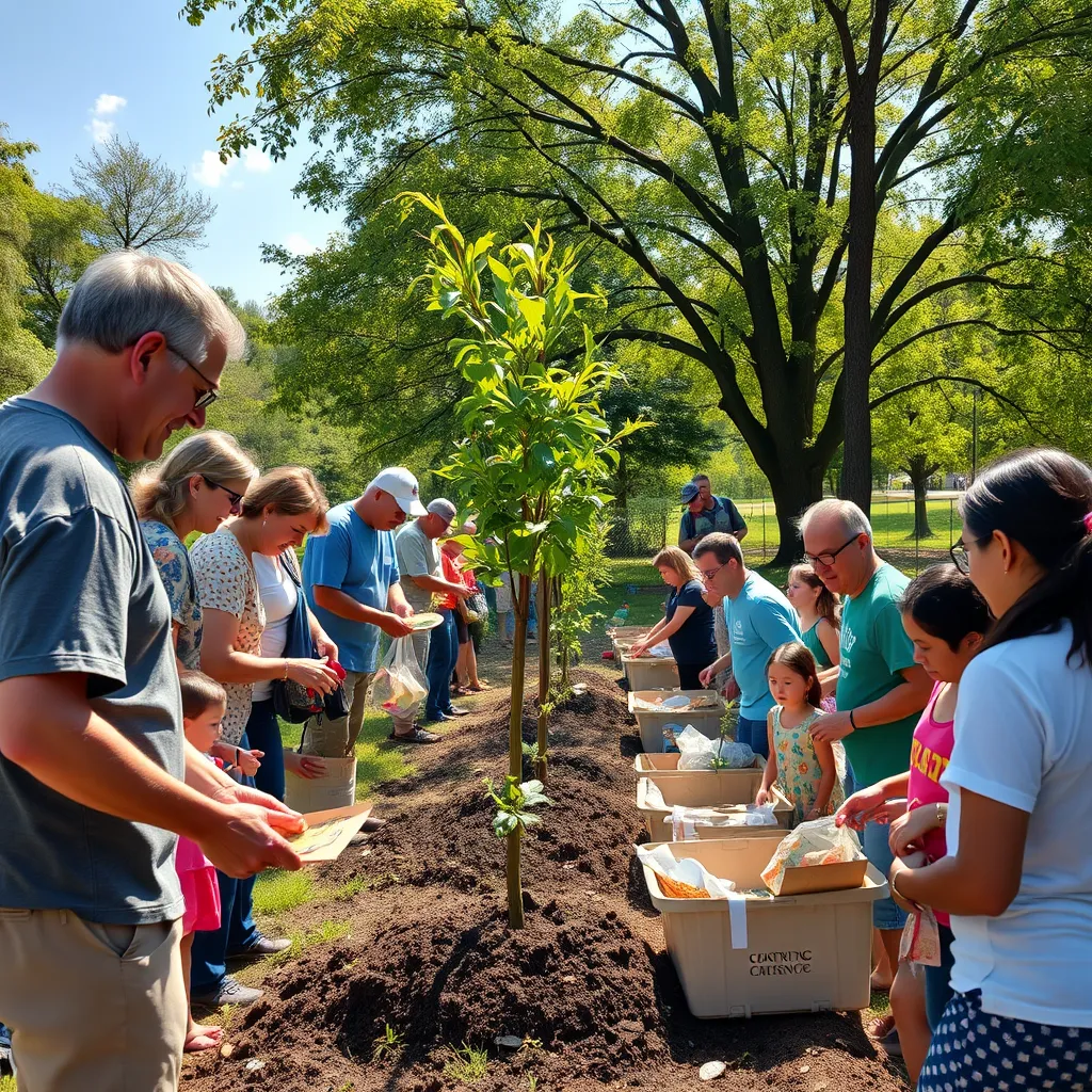  A community service event in a park with church members of various ages working together. They are planting trees, distributing food, and interacting with families. The scene should convey a sense of collaboration, joy, and the beauty of serving others in a sunny outdoor environment.