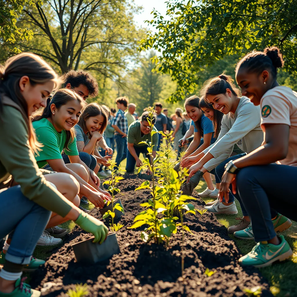 A community volunteer event in action, where people of all ages are working together to plant trees or clean up a park. The atmosphere should be vibrant and energetic, with smiles and laughter, showcasing teamwork and a sense of accomplishment in a sunny environment.