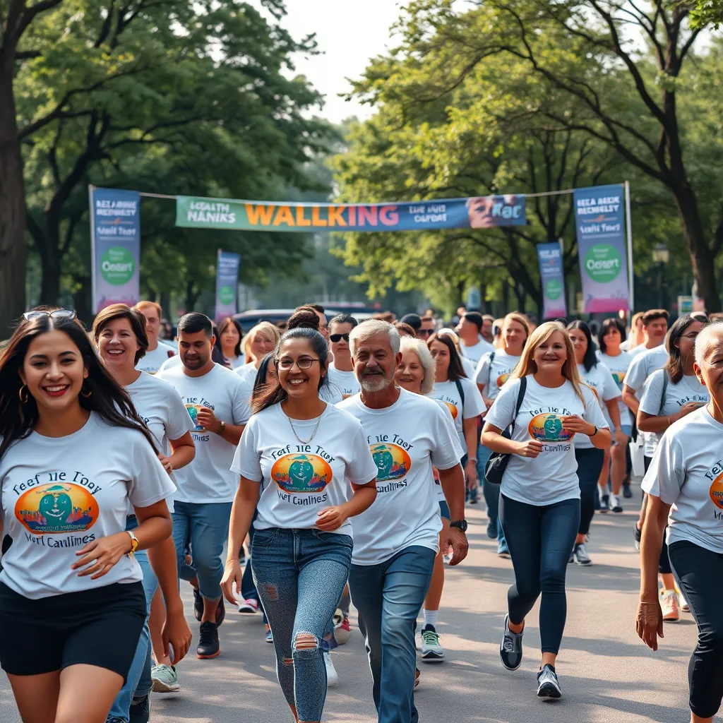A community walking event in a park, with participants wearing matching t-shirts, showing enthusiasm as they walk together. The atmosphere is festive, with banners in the background promoting health and wellness, and a diverse crowd celebrating together.
