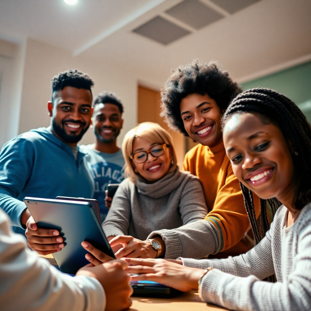 A compelling image showcasing accessibility to AI technology with Gemini 2.5. The scene features a diverse group of users benefiting from AI tools across different devices. Bright, inviting lighting promotes inclusion, with a warm color palette to create a sense of community. The camera angle is at eye-level, fostering connection. Textures include various device materials and engaging UI elements. Style references may emphasize inclusivity in technology.