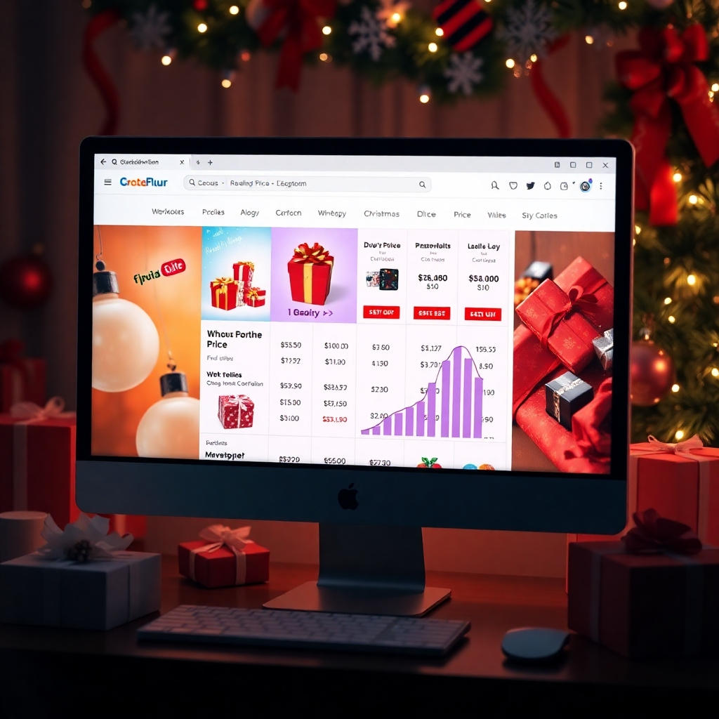 A computer screen displaying a vibrant price comparison website showing various Christmas presents with prices from different retailers. Include graphs illustrating price trends and discounts, with a festive background featuring Christmas decorations and gift-wrapped boxes.