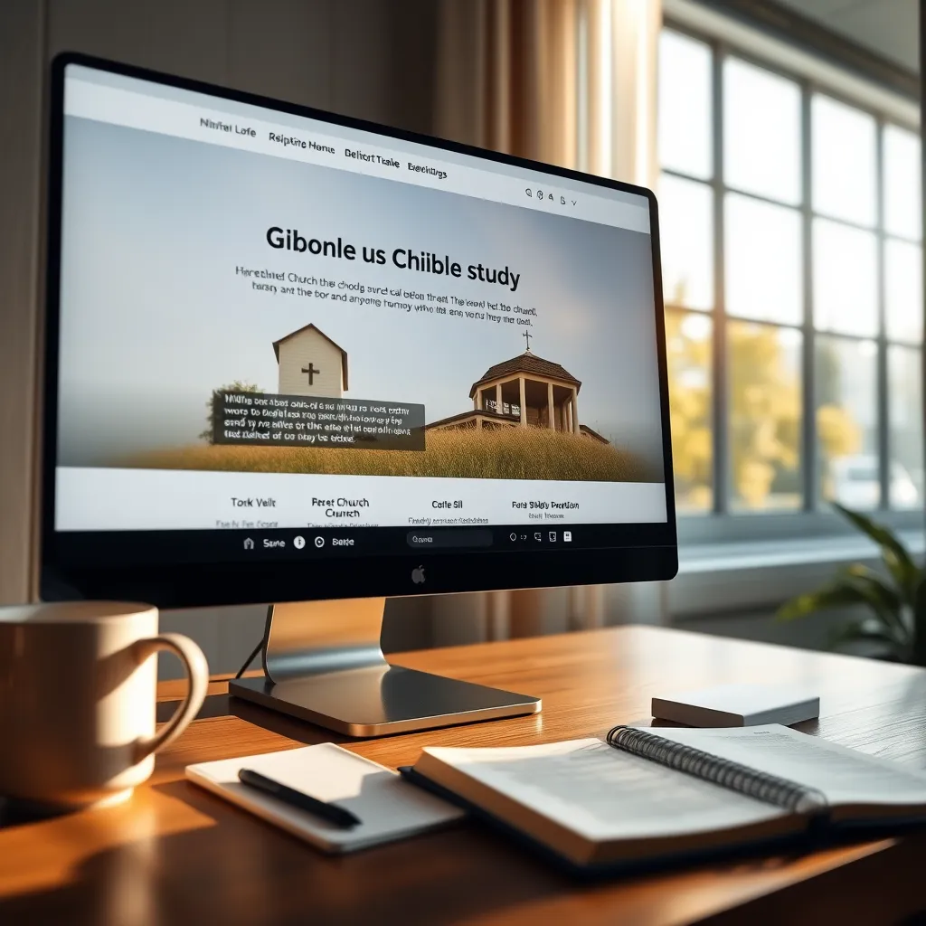 A computer screen displaying a local church website with online Bible study information. The scene includes a cup of coffee and a notebook beside the computer, with a bright window showing a sunny day outside.
