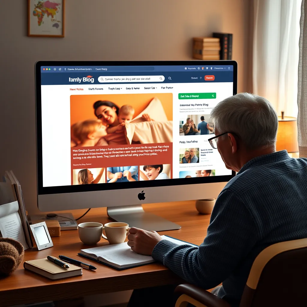 A computer screen displaying a vibrant parenting blog with forums and articles. A parent is seated at a desk, engaged in reading, with a notebook and cup of tea, surrounded by personal items like family photos and children's drawings.