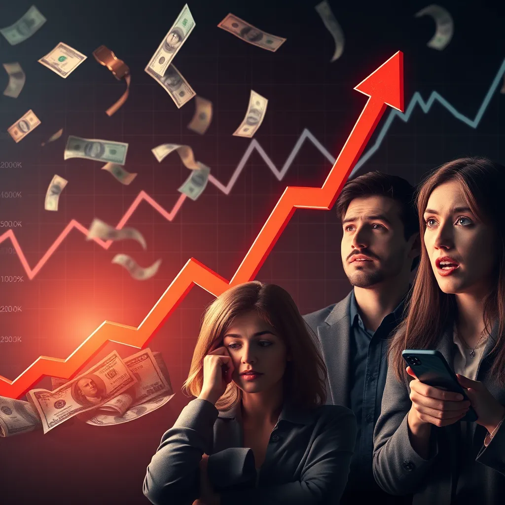 A conceptual image showing a graph depicting rising searches for financial aid overlaid with images of people looking at their finances anxiously. The background features symbols of a fluctuating economy, such as falling currency bills and stock market graphs.
