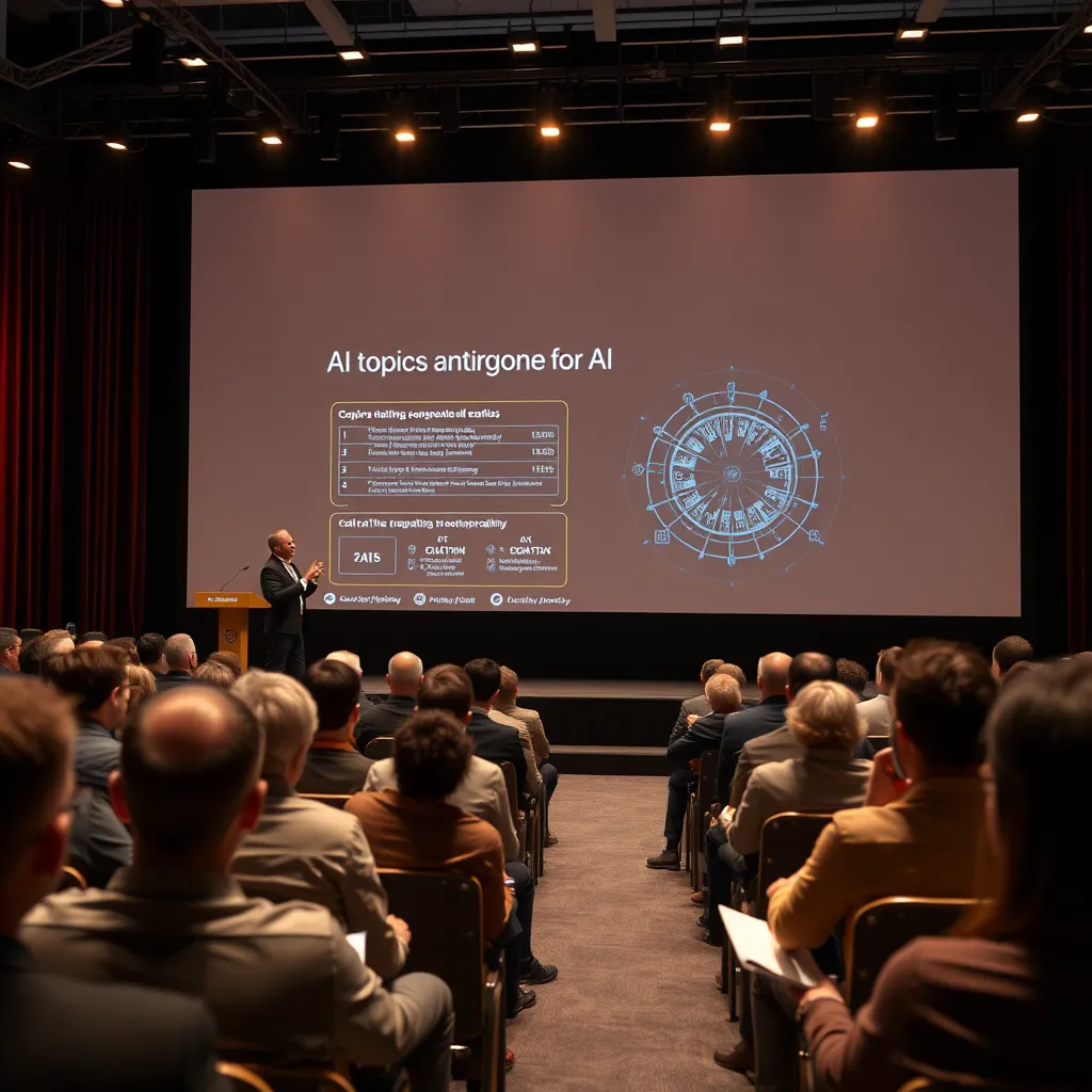 A conference stage featuring a keynote speaker presenting to an audience. Show the speaker animatedly discussing AI topics, a large screen displaying data or visuals related to AI, and an engaged audience taking notes or asking questions.