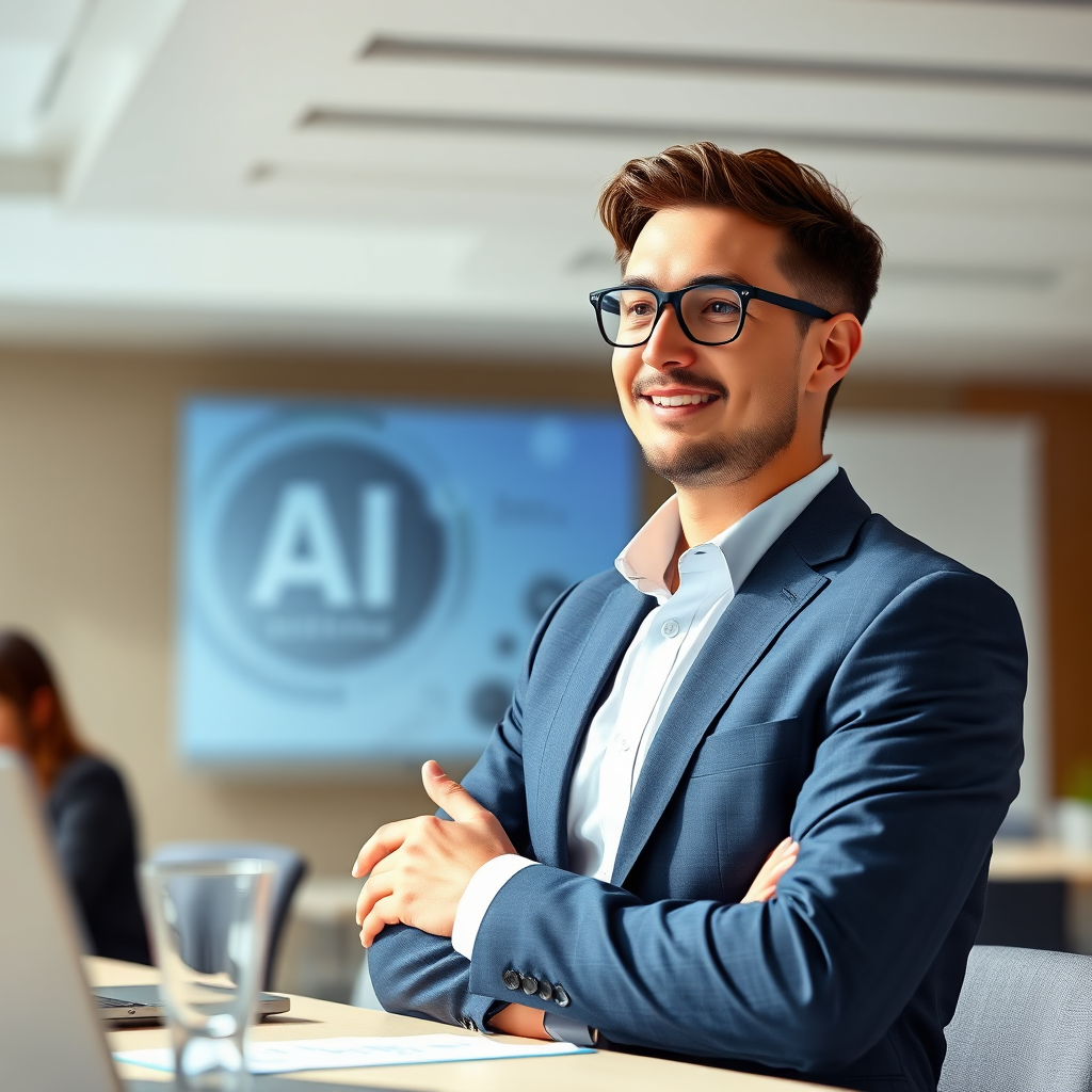 Hero illustration: UK business leader presenting AI insights